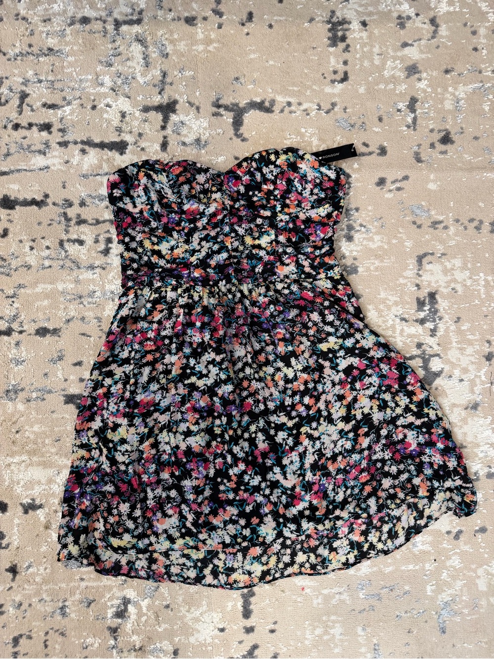 I ❤️ Ronson Charlotte Black Multi Floral Strapless Ruched Mini Dress - Size 12